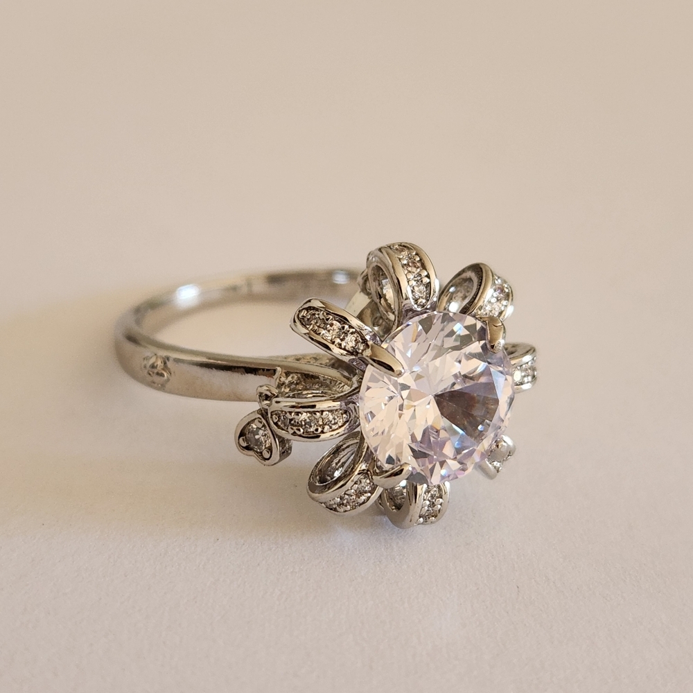 New 925 Silver Round Cut Diamond Dangle Drop Heart Flower Ring for Women